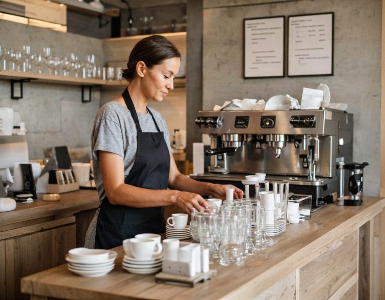 Betriebsbegleitung Impuls Servicemitarbeiter organisiert eine Arbeitsstation in einem Bistro für einen strukturierten Serviceablauf. - Ki genereiert