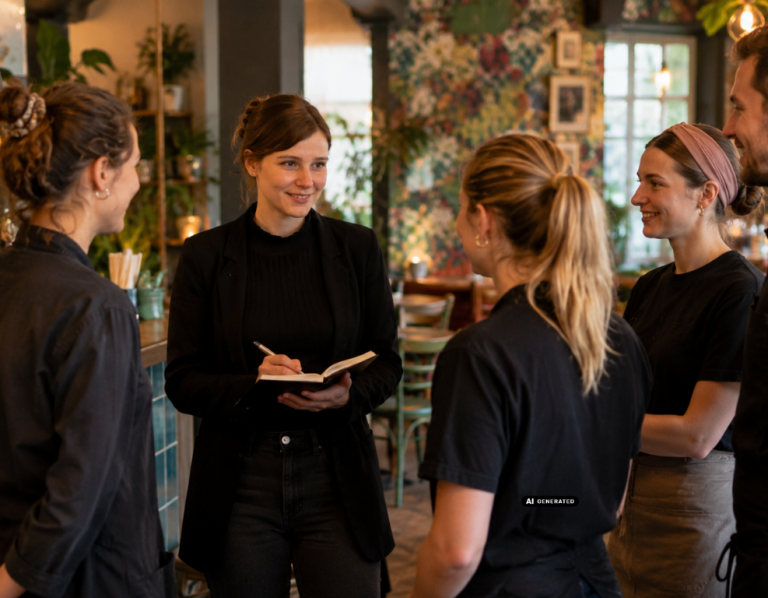 Gastro Teamschulung Köln Serviceteam bei einer gemeinsamen Gastro Schulung in einem Workshopraum in Köln.