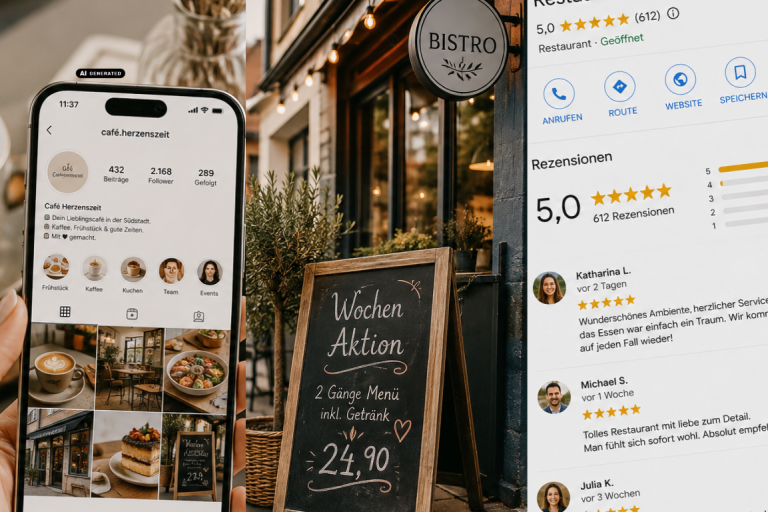 Beispielbilder von Marketing und Sichtbarkeit für Gastronomie - social media, offline Werbung draußen und Google Profil inkl. Bewertungen
