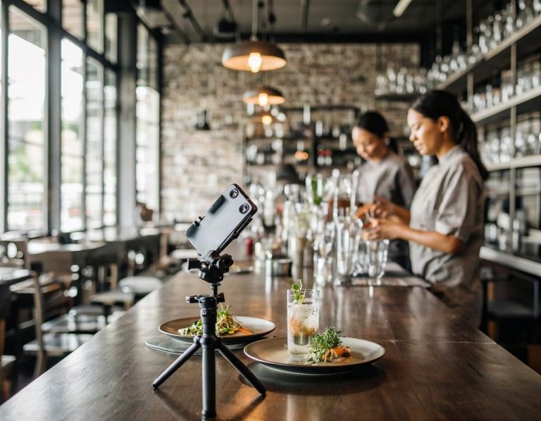 Produktion von Social-Media-Inhalten mit Smartphone direkt in einem Gastronomiebetrieb.