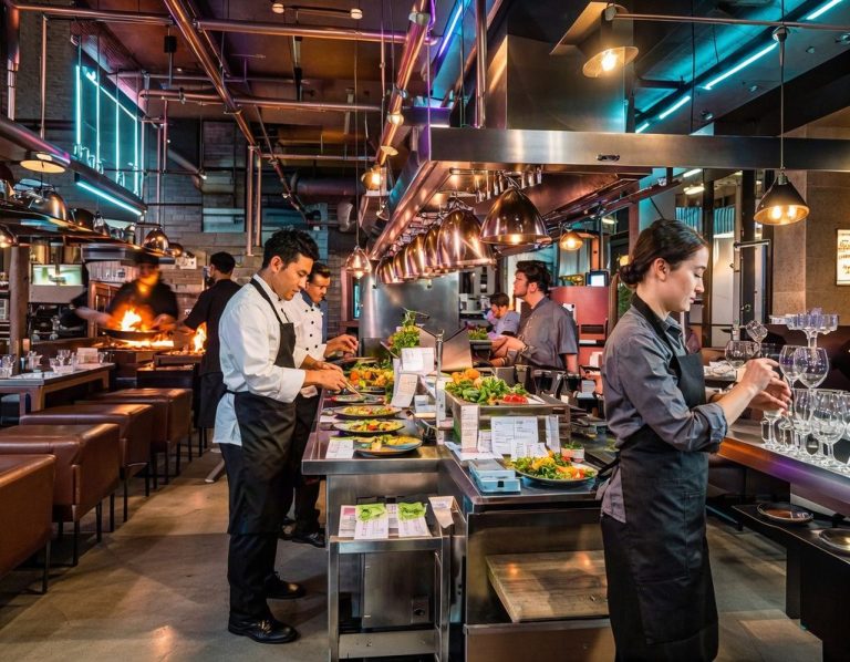 Betriebsbegleitung für Team und Abläufe Küchen- und Serviceteam arbeiten während des Betriebs gemeinsam an verschiedenen Abläufen im Restaurant.