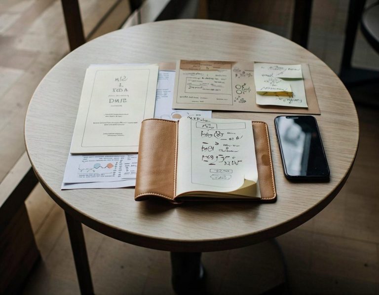 Marketingplanung mit Smartphone, Speisekarte und Notizen für einen Gastronomiebetrieb.